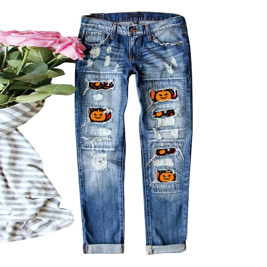 Damen Destroyed Jeans mit einzigartigen Halloween-Designs EB