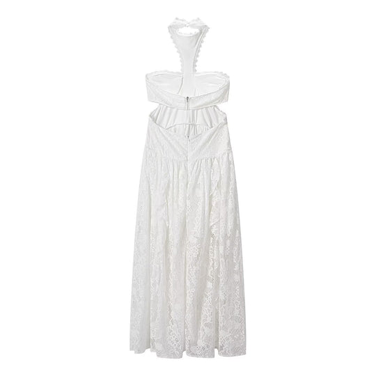 Damen Spitzenmaxikleid mit raffinierten Rüschendetails und elegantem Halterneck EB