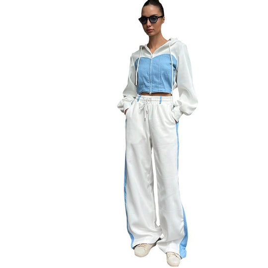 Damen nan zweiteiliges Cropped-Hoodie-Set mit Reißverschluss, elastischem Komfortbund und weitem Seitenstreifen-Hose EB