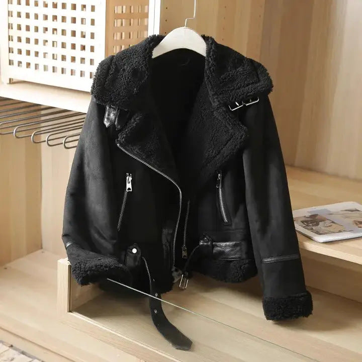 EB |Damen Bikerjacke in Wildlederoptik mit Teddyfutter