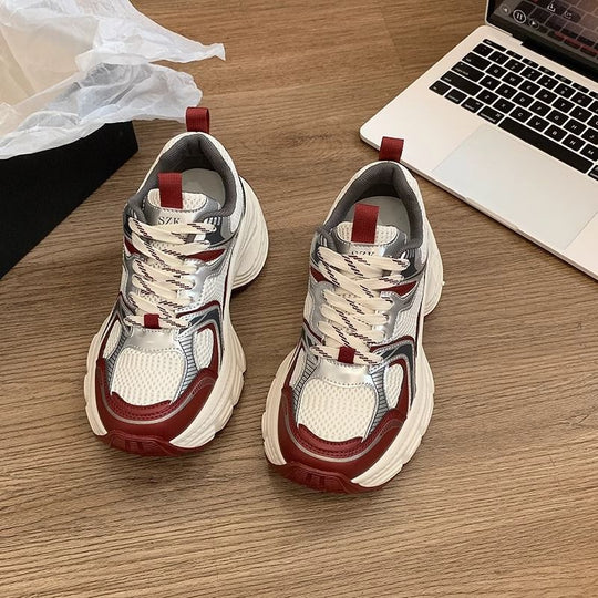 Damen Voluminöse Chunky‑Sneaker mit atmungsaktivem Mesh‑PU‑Mix und skulpturierter Wedge‑Sohle EB