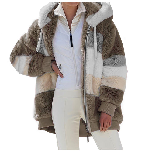 Damen nan oversized gefütterte Kunstfelljacke mit Kapuze, Blockstreifen und gerippten Bündchen EB