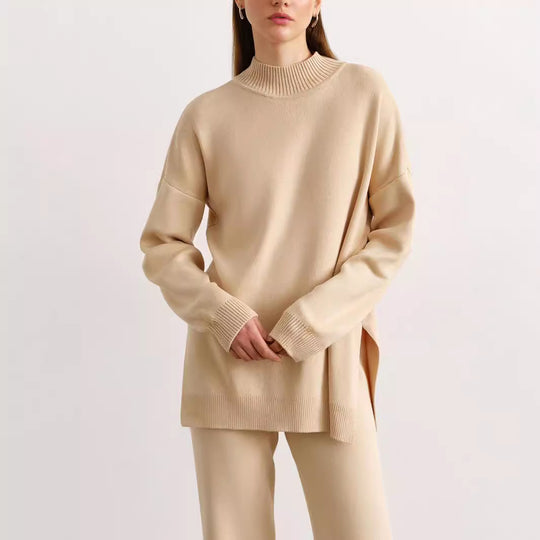 Damen weicher Strickanzug mit hohem Kragen und geradem Schnitt EB
