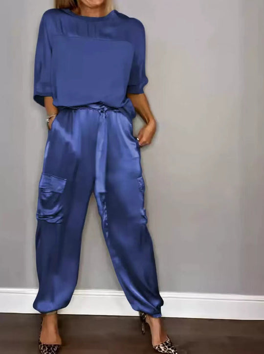 EB | Solide Farbe glatt Satin Top zweiteilige Set für Frauen