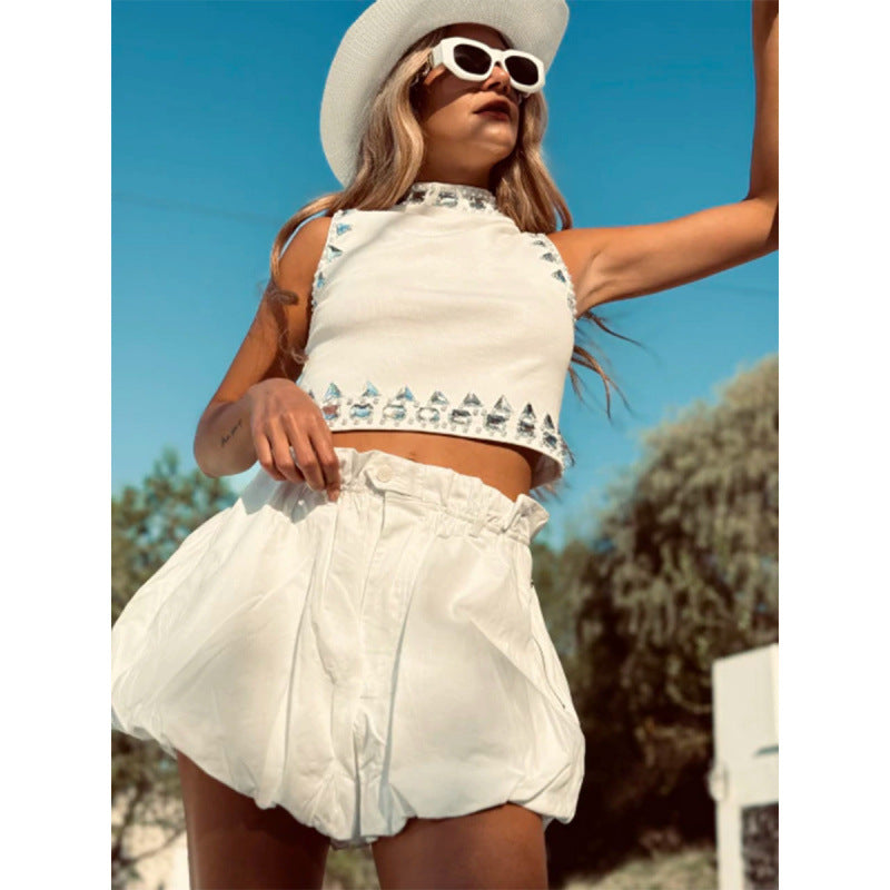 Damen modische Shorts mit elastischem Bund und dekorativem Rüschensaum EB