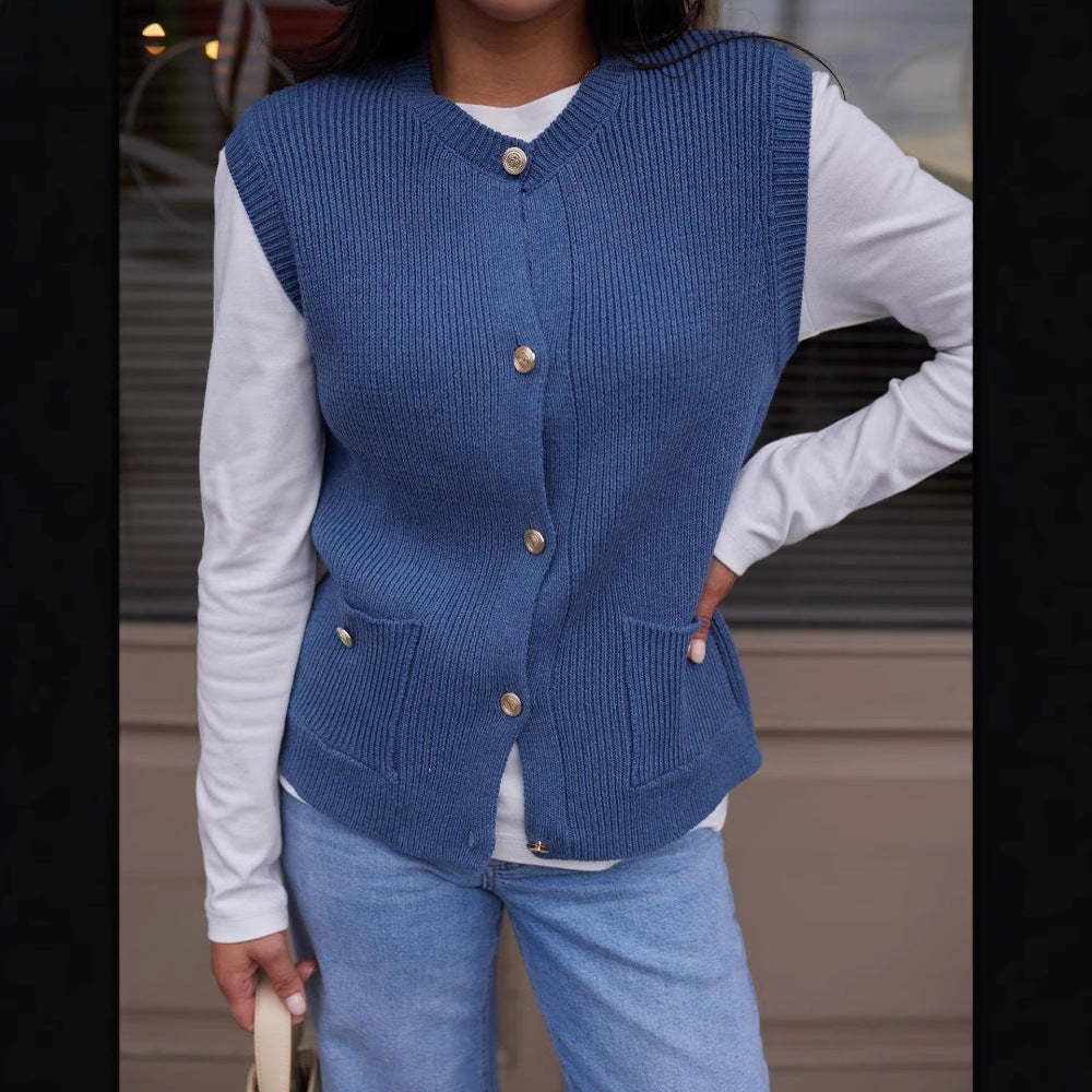 Damen Strickweste mit Knopfleiste und praktischen Taschen EB