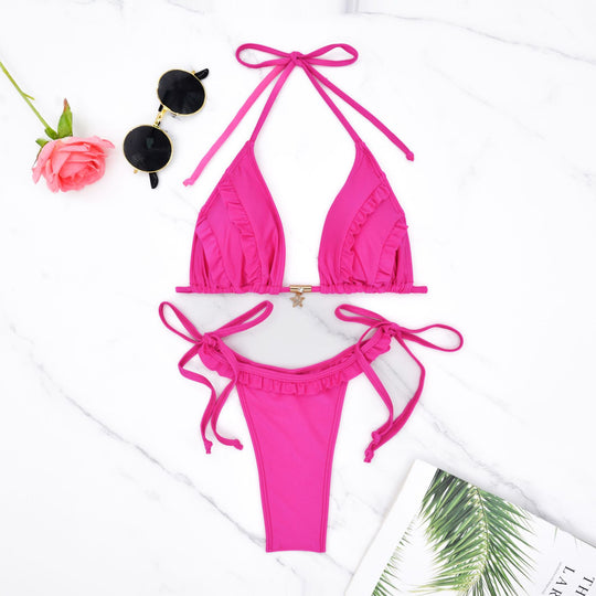 Damen Triangel-Bikini mit Rüschendetails und verstellbaren Bindebändern EB