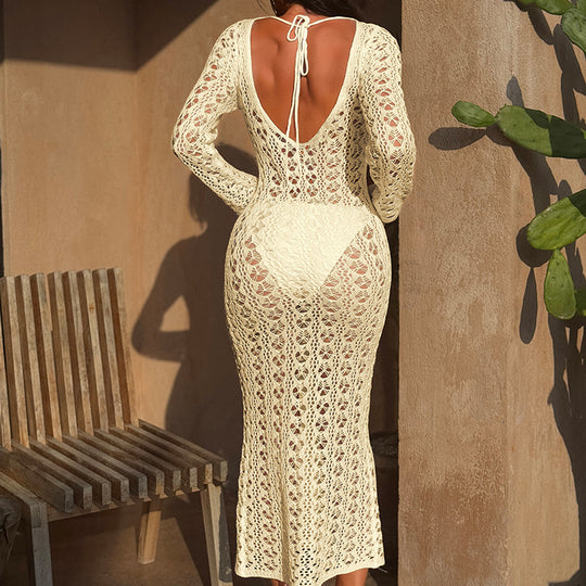 Damen Häkelkleid mit tiefem V-Ausschnitt und langem Arm EB
