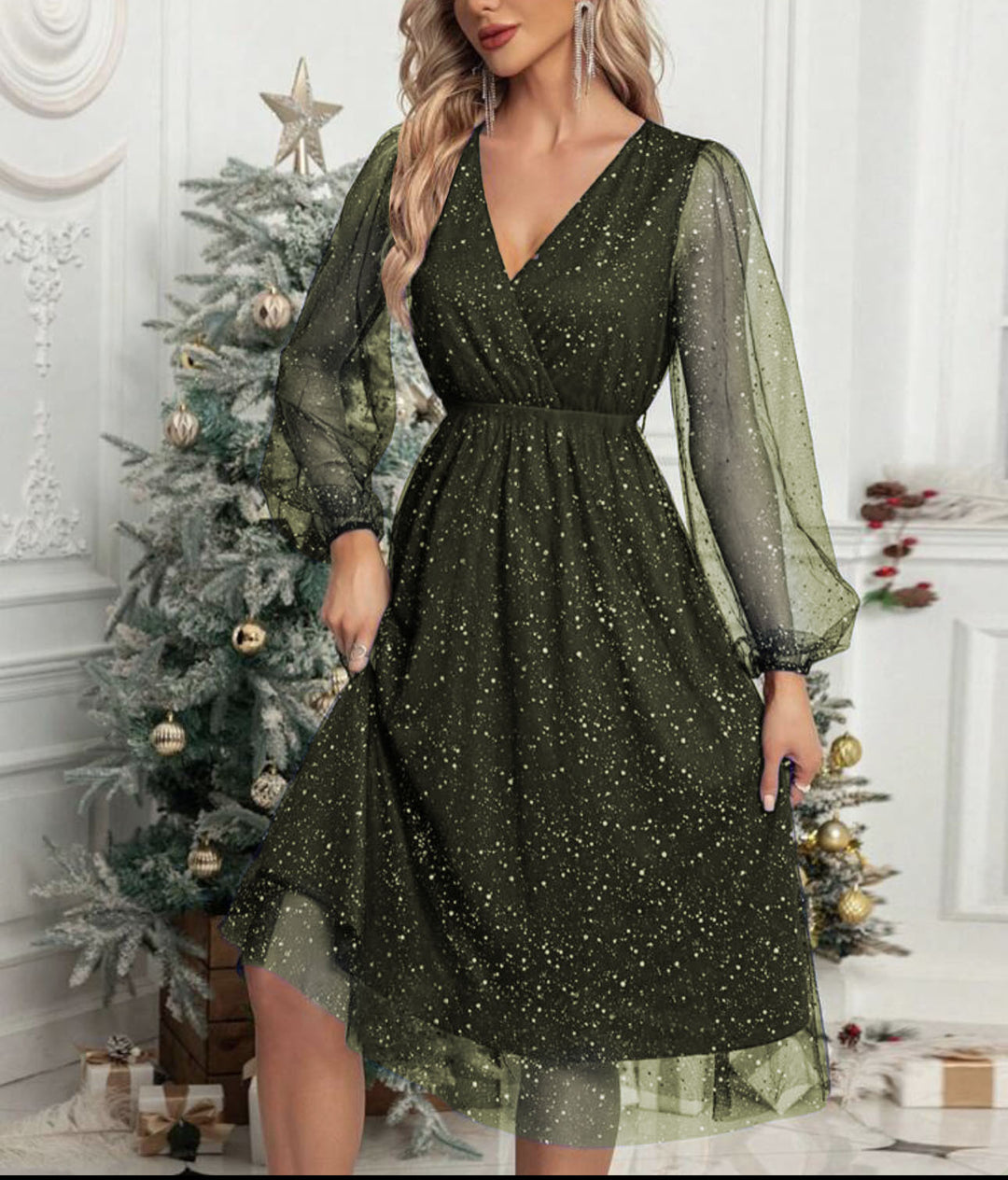 Damen Glamouröses Midikleid mit transparenten Puffärmeln und schimmerndem Paillettenmuster EB