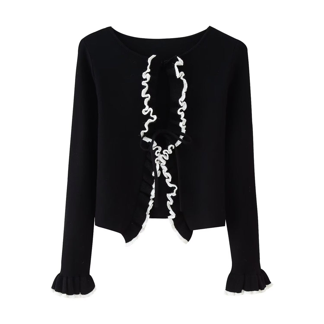 Damen elegante Strickjacke mit Rüschendetails und femininem Schnitt EB