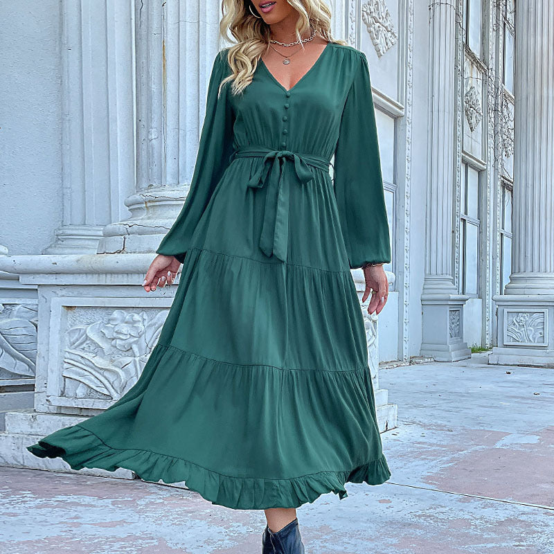 Damen Maxikleid mit Knopfleiste, Taillengürtel und Rüschensaum EB