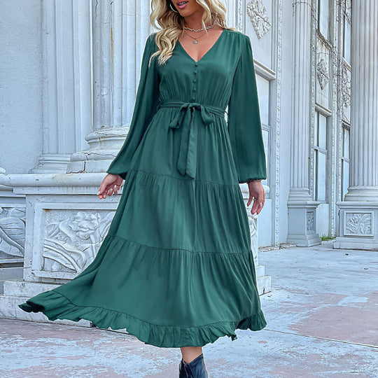 Damen Maxikleid mit Knopfleiste, Taillengürtel und Rüschensaum EB