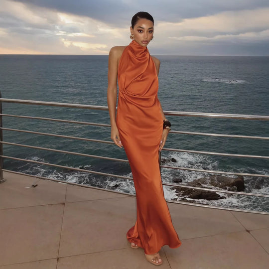 Damen Elegantes Maxi-Kleid mit hochwertigem Drapierungsdesign und schimmerndem Stoff EB
