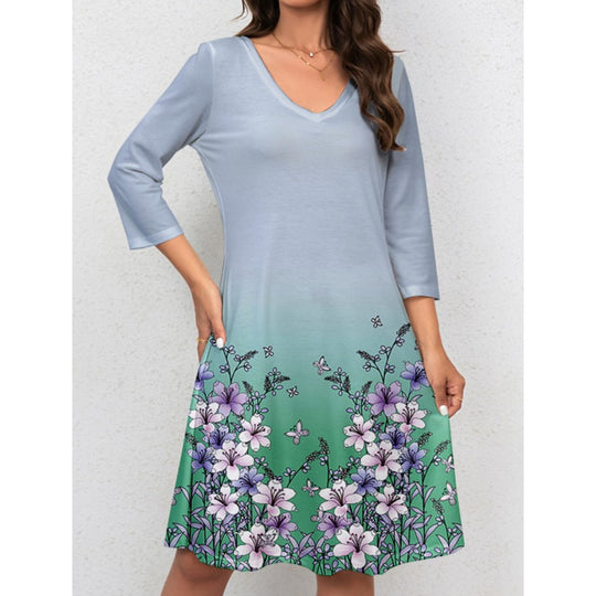Damen V-Ausschnitt Sommerkleid mit floralem Aquarell-Design und ¾-Ärmeln EB
