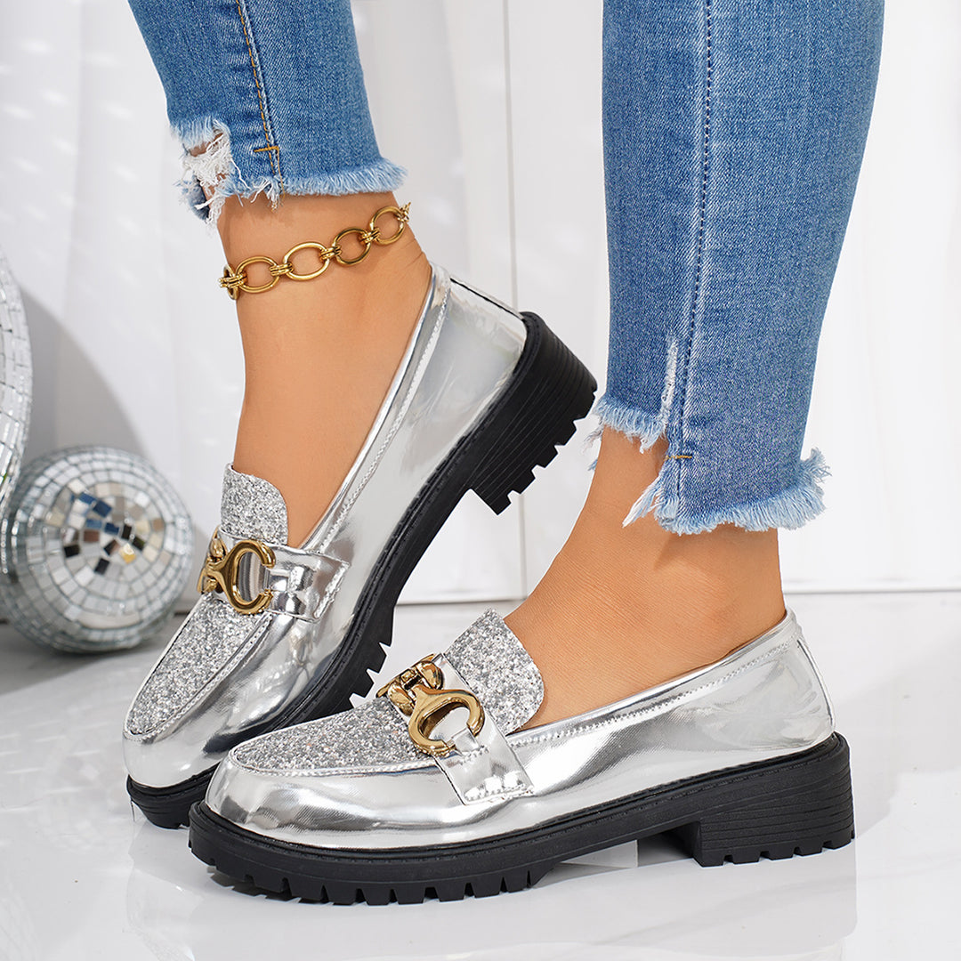 Damen Modische Loafer mit Glitzerdetail und metallischem Akzent EB