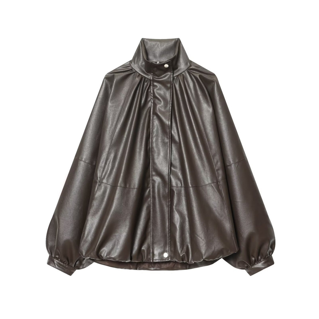 Damen Kunstlederjacke mit voluminösen Ärmeln und gewelltem Design EB