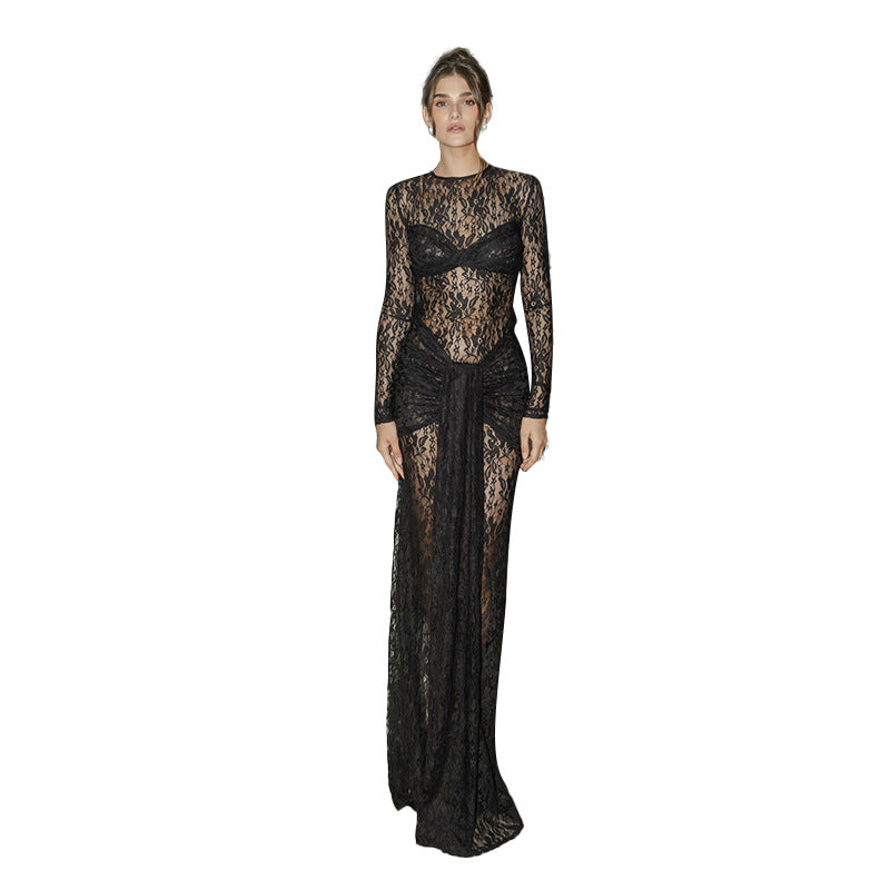 Damen Spitzen-Maxikleid mit figurbetonendem Schnitt und langem Arm EB