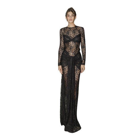 Damen Spitzen-Maxikleid mit figurbetonendem Schnitt und langem Arm EB