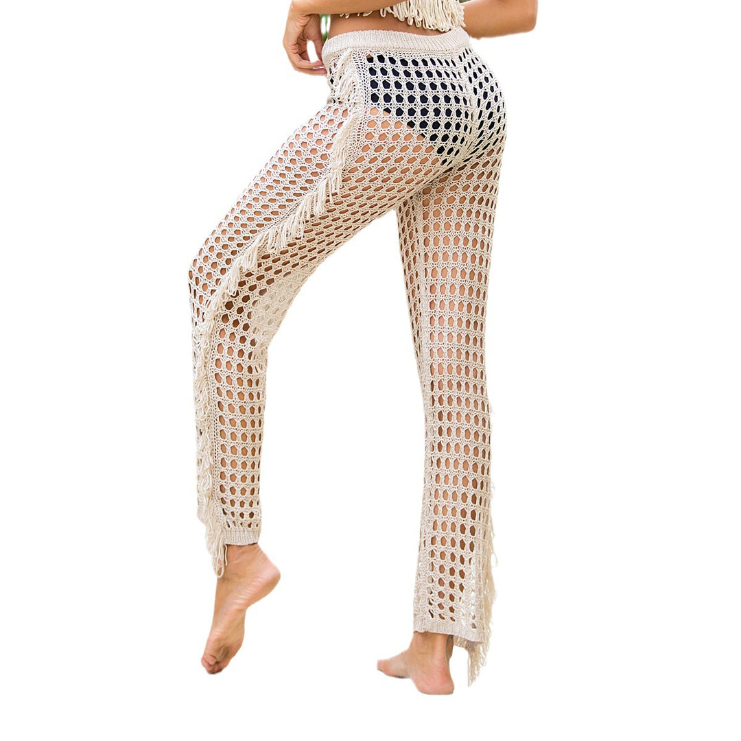 Damen Häkel-Strandhose mit fransigen Details und weitem Schnitt EB