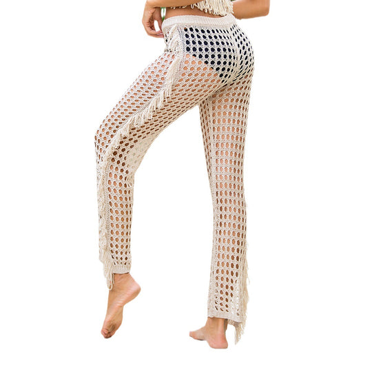 Damen Häkel-Strandhose mit fransigen Details und weitem Schnitt EB