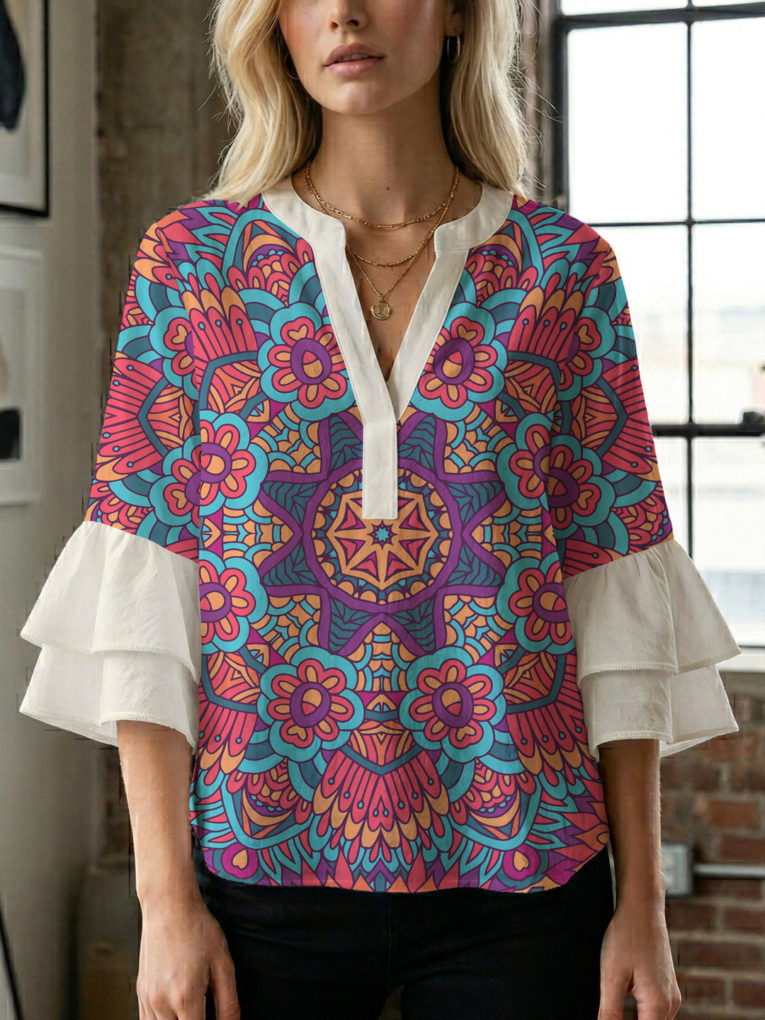 Damen elegantes Blusenshirt mit voluminösen Rüsenärmeln und grafischem Blumendesign EB
