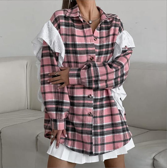 Damen Freizeitbluse mit Rüschenakzenten und Karomuster EB
