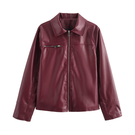 Damen Kunstlederjacke mit modernem Stehkragen und praktischen Reißverschlusstaschen EB