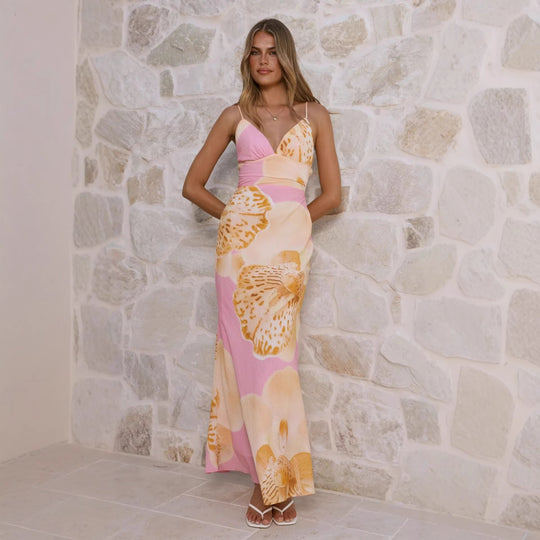 Damen Maxikleid mit floralem Design und raffinierten Rüschendetails EB