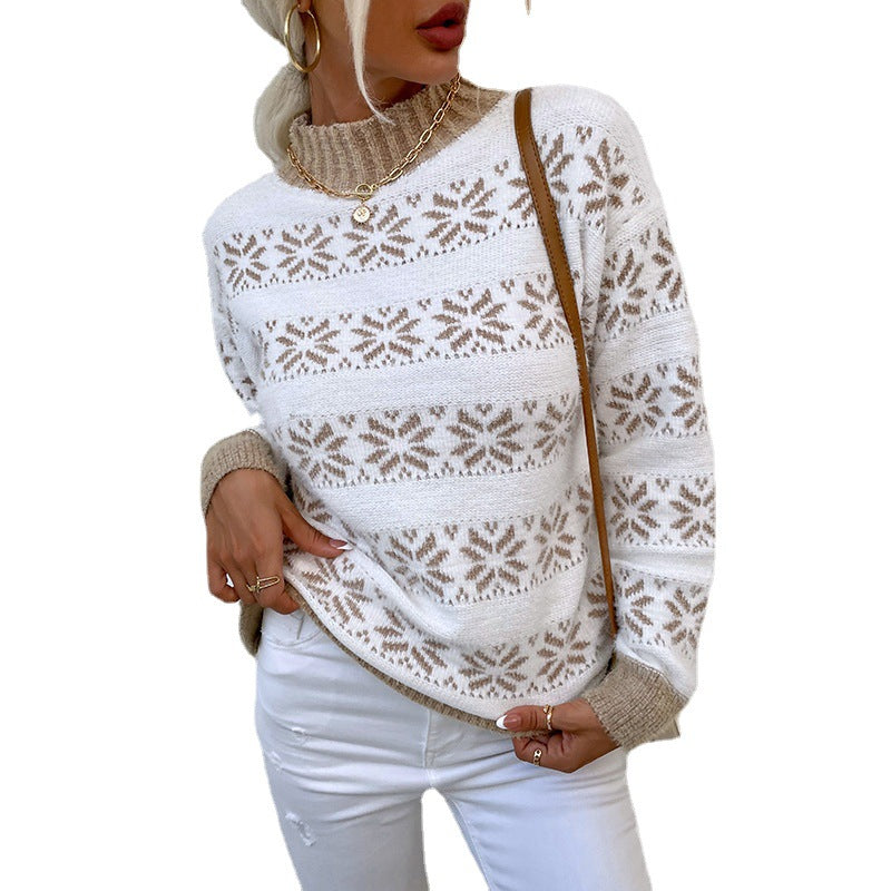 Damen Strickpullover mit Wintermotiv und hochgeschlossenem Kragen EB