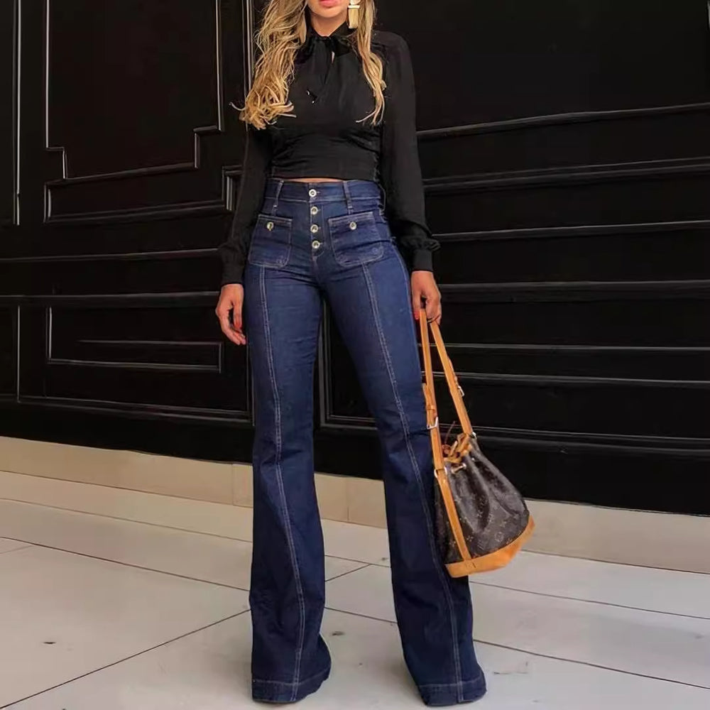 Damen Hochgeschnittene Schlagjeans mit vintage Details und dekorativen Knöpfen EB