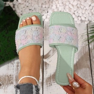 Damen Flauscher Pantoletten mit floralen Verzierungen EB