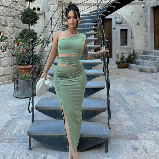 Damen asymmetrisches Maxikleid mit Rüschen und hohem Seitenschlitz EB