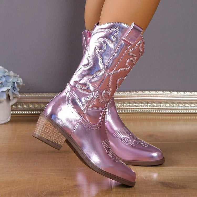 Damen nan Cowboystiefel mit mittelhohem Blockabsatz und seitlichem Reißverschluss EB