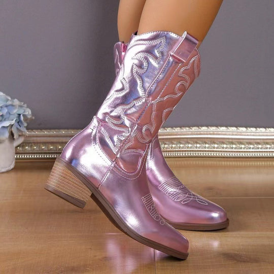 Damen nan Cowboystiefel mit mittelhohem Blockabsatz und seitlichem Reißverschluss EB