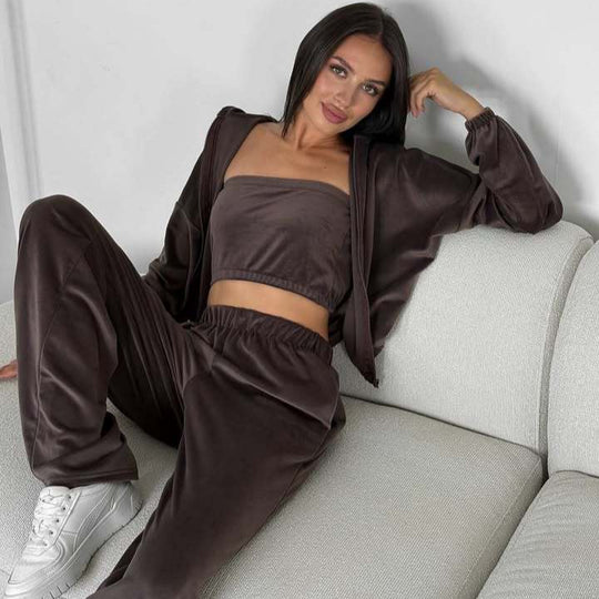 Damen Dreiteiliges Velours-Loungewear-Set mit Cropped-Top, Zip-Hoodie und weitem Palazzo-Hosenbein EB