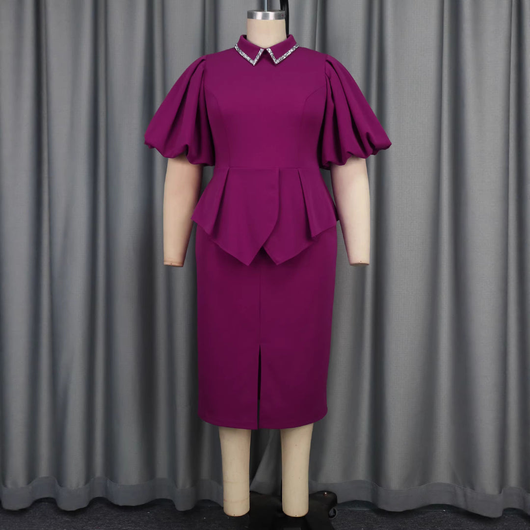 Damen Figurbetontes Peplum Kleid mit Puffärmeln und Glitzerkragen EB