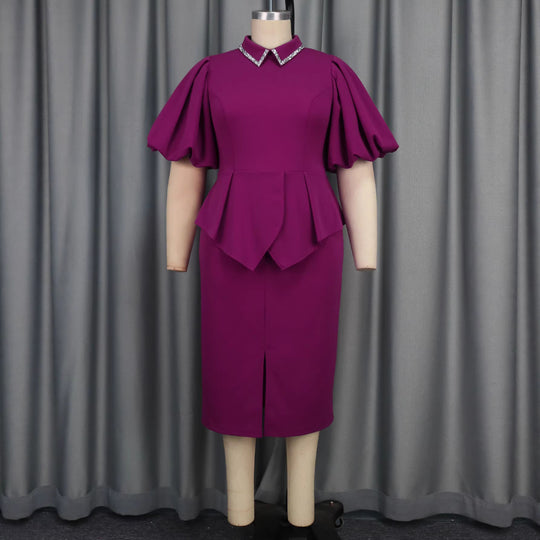 Damen Figurbetontes Peplum Kleid mit Puffärmeln und Glitzerkragen EB