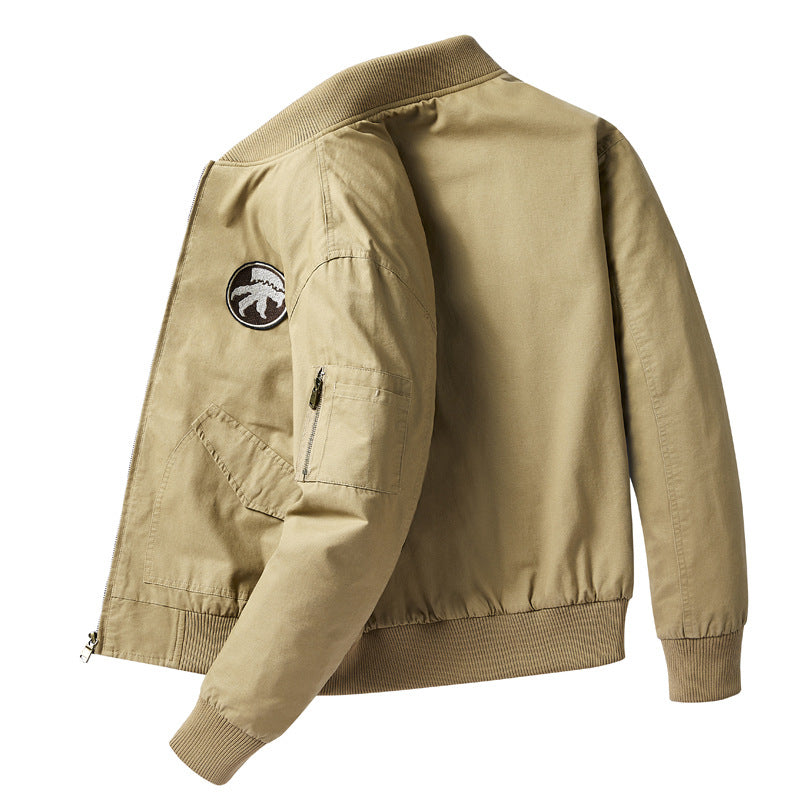 Men's  short-length flight bomber jacket with embroidered shoulder patch sleeve zip pocket and ribbed collar cuffs hem EB
