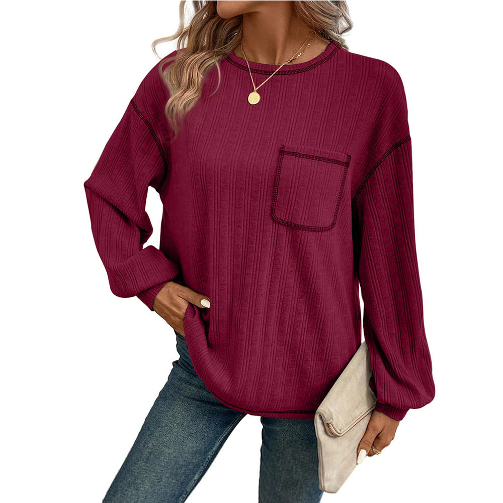 Damen Bequemer Langarm-Shirt mit Rippenstruktur und Brusttasche EB