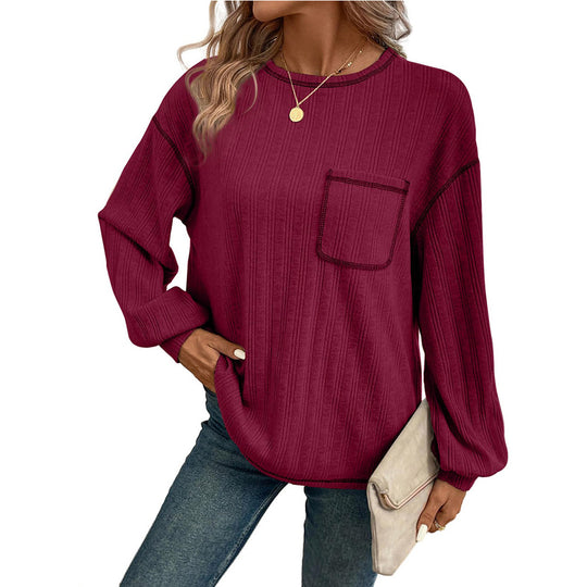 Damen Bequemer Langarm-Shirt mit Rippenstruktur und Brusttasche EB
