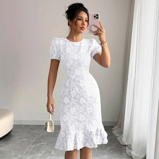 Damen elegantes Midikleid mit voluminösen Ballonärmeln und floralen Akzenten EB