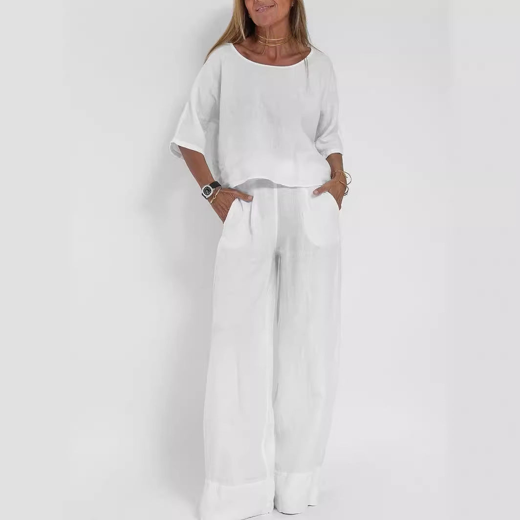 Damen lässiges Leinen-Set mit weitem Oberteil und palazzo Hosen EB