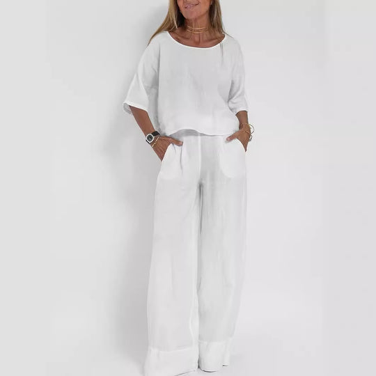 Damen lässiges Leinen-Set mit weitem Oberteil und palazzo Hosen EB