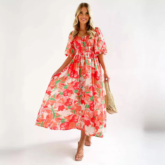 Damen Off-Shoulder Maxikleid mit floralen Mustern und elastischem Bund EB