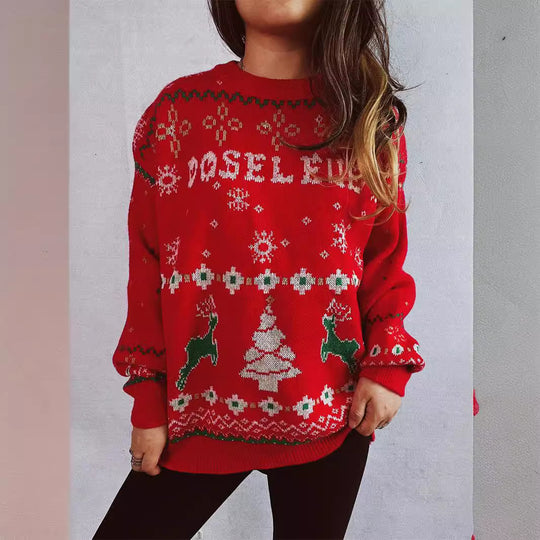 Damen Weihnachts-Pullover mit festlichem Motiv und Rundhalsausschnitt EB