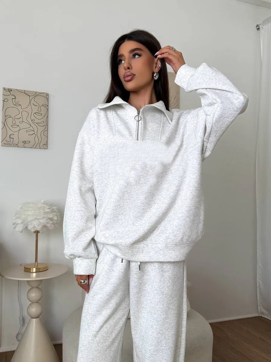 Damen Loungewear-Set mit halbem Reißverschluss und weiter Bügelfalten-Hose EB