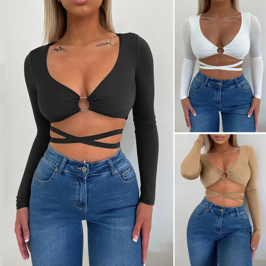 Damen Crop-Top mit verspieltem Ringdetails und langen Ärmeln EB