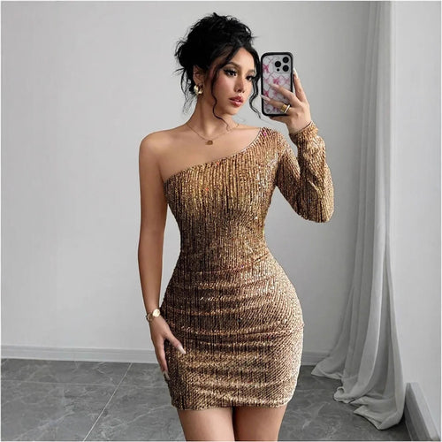 Damen Glitzerndes Cocktailkleid mit asymmetrischem Träger und Raffungen EB