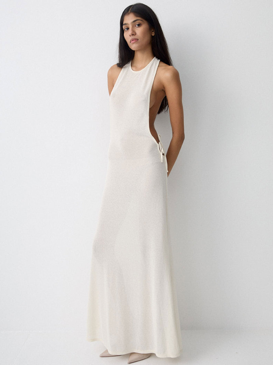 Damen Lange Seidenkleid mit kreativem Ausschnitt und eleganten Schleifendetails EB