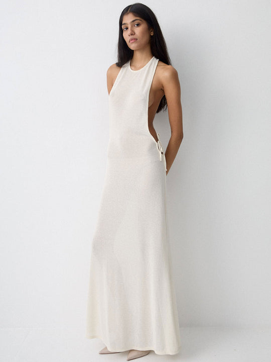 Damen Lange Seidenkleid mit kreativem Ausschnitt und eleganten Schleifendetails EB